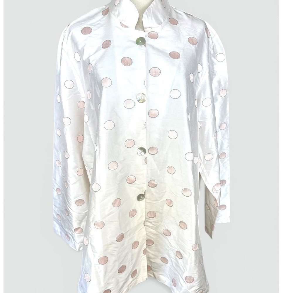 Mariko NWT Silk Duster Jacket SZ XL White Pink Polka Dot Embroidered Long Coat - Picture 2 of 14